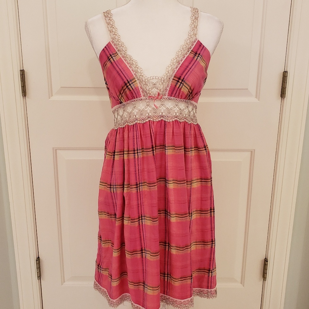 Pink plaid dress with cream lace straps 8